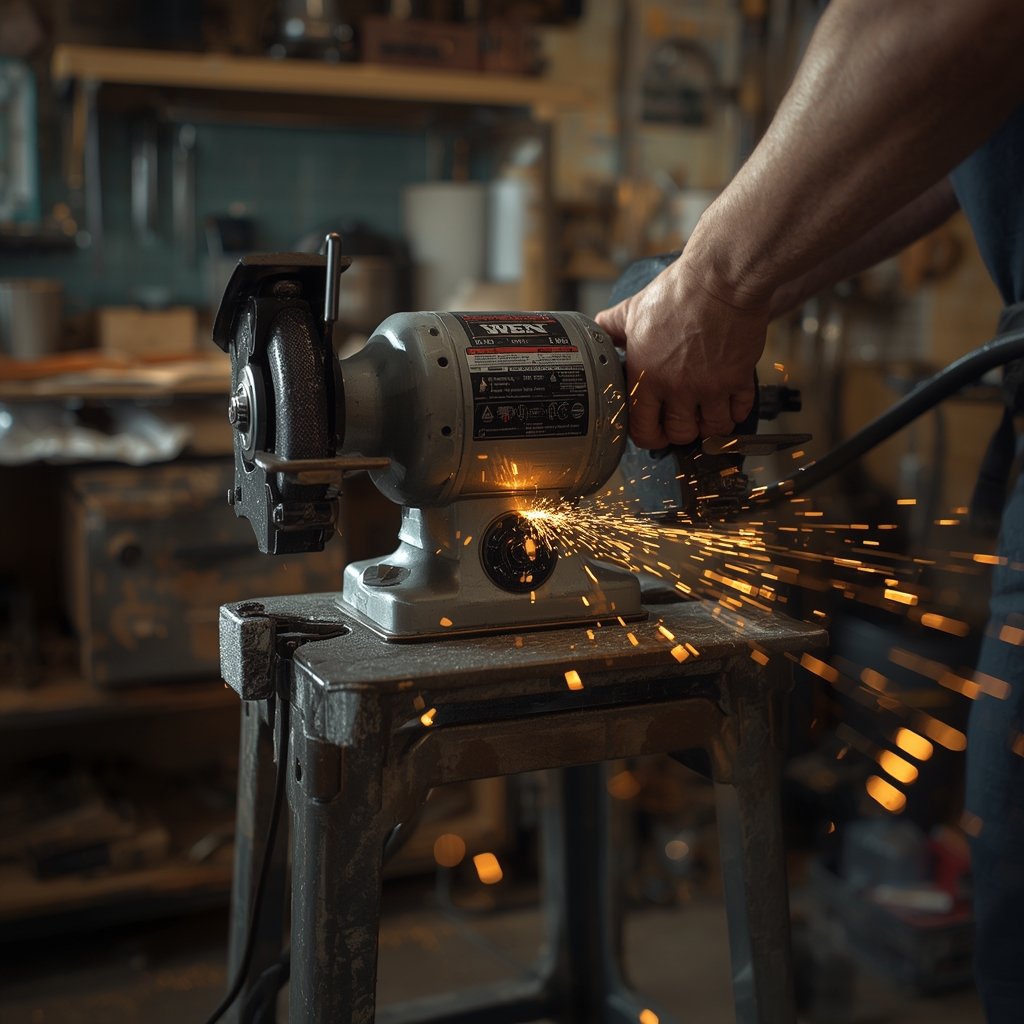 bench grinder in action